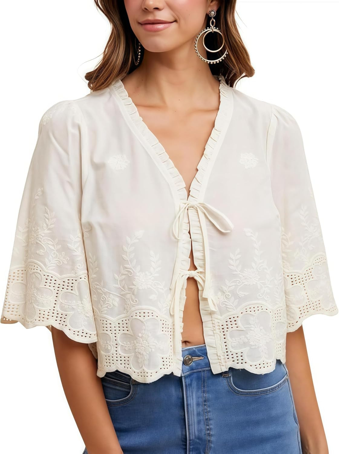 Esmeling Women’s Floral Embroidery Short Sleeves Shirt V Neck Summer Scallop Edge Bow Tie Front Blouse | Amazon (US)