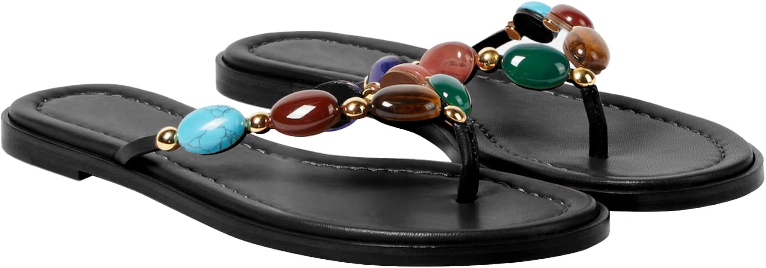Women Jewelled Thong Strap Open Round Toe Flip Flops Comfy Slip on Flats Sandals Casual Summer Be... | Amazon (US)