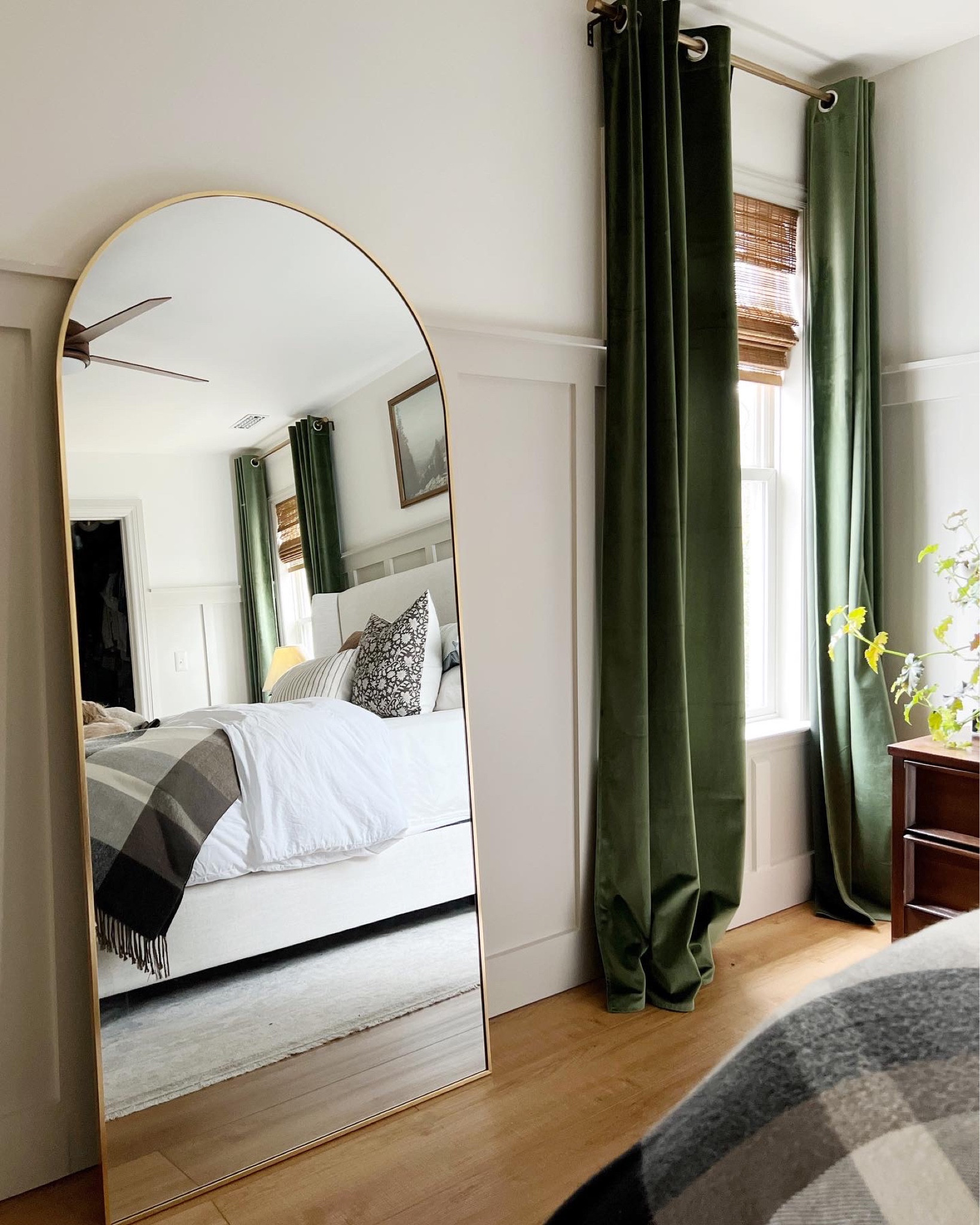 Neutral bedroom // velvet curtains // green curtains // arched mirror // neutral rug // bedroom decor

#LTKhome