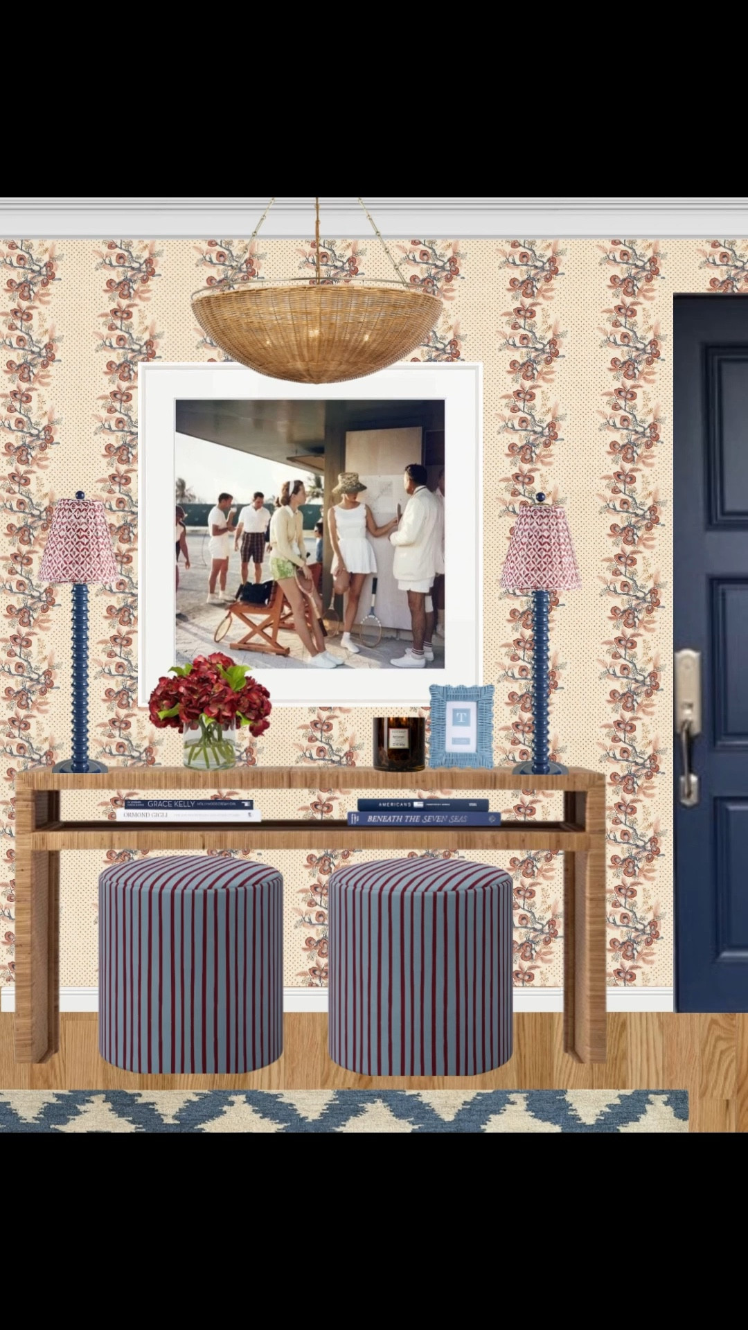 Entryway design, rattan console table, rattan pendant, Visual Comfort rattan light, blue and red ottoman, blue and white rug, Slim Aarons art, photography, blue buffet lamp, navy lamp, red lampshade, patterned lampshade, blue rattan frame, votivo candle, faux hydrangea, tortoise candle, tortoise decor

#LTKHome