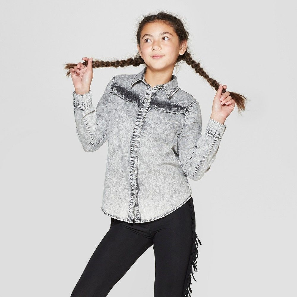 Girls' Long Sleeve Button-Down Denim Shirt - art class Black/Gray M, Black Gray | Target