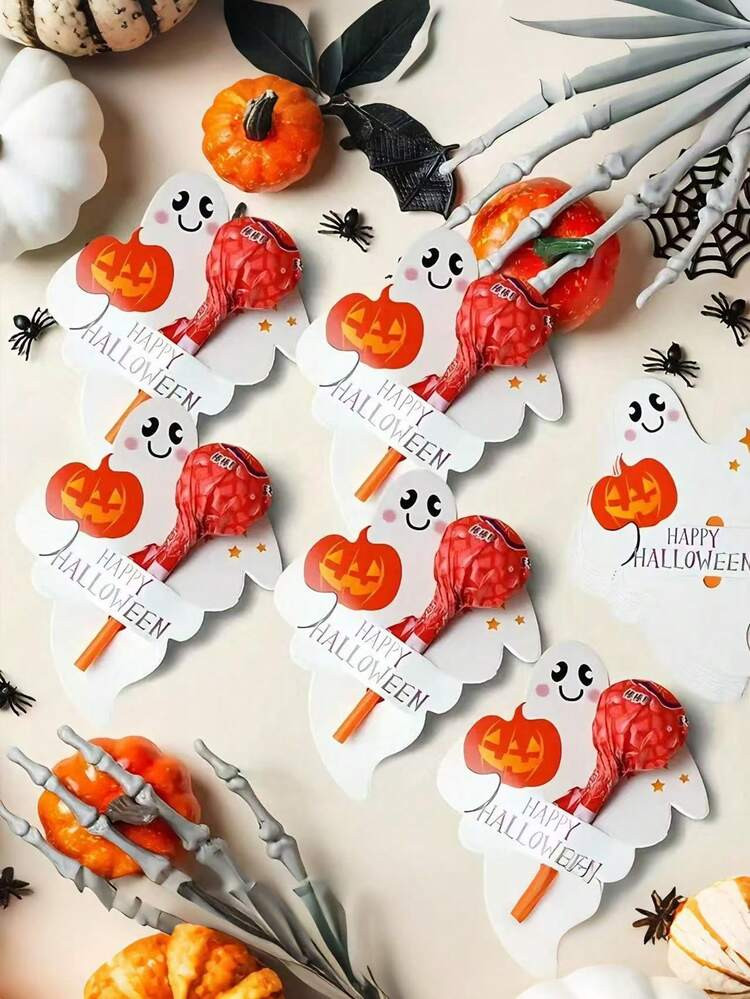 50pcs-Halloween Ghost Lollipop Rack Paper Cards, Ghost Wave Theme Holiday Party Decoration Cards, Party Giveaways, Paper Cards For Halloween, Thanksgiving Party, Universal Halloween Decorations. | SHEIN