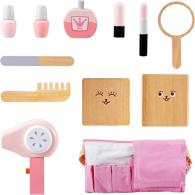 FEBNIA Wooden Beauty Salon Toys for Girls Kids, 12 Pieces Makeup Playset Pretend Play Kit with Ma... | Amazon (US)