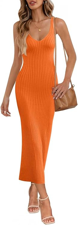 MEROKEETY Womens 2025 Summer Spring V Neck Knit Midi Dress Bodycon Casual Sleeveless Ribbed Sweat... | Amazon (US)