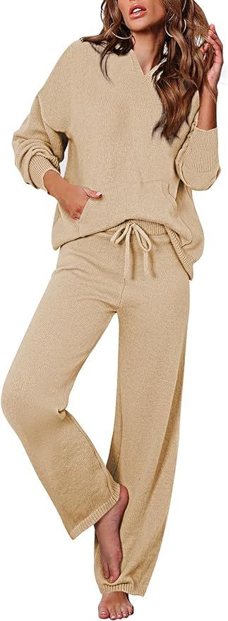 Viottiset Women's 2 Piece Outfits Sweater Set Long Sleeve Hoodies With Pocket Wide Leg Pants Loun... | Amazon (US)