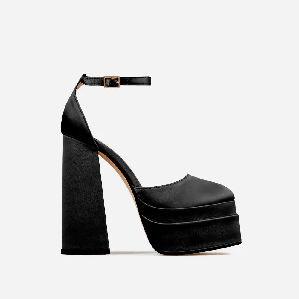 Happer Closed Toe Statement Platform Block Heel In Black Satin | EGO (UK)