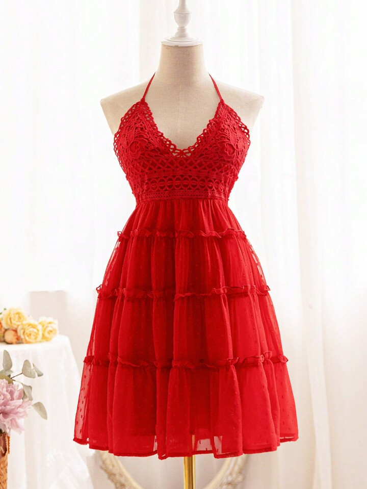 SHEIN WYWH WYWH Women Holiday Style Chiffon Fabric Multi-Layered Ruffle Hem Spliced Chest Flower ... | SHEIN