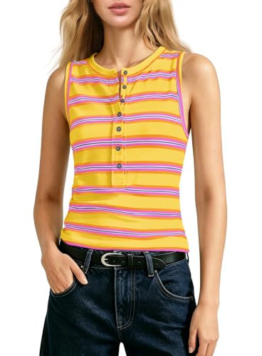 Yanekop Womens Striped Tank Top Slim Fit Henley Neck Button Down Cami Shirt | Amazon (US)