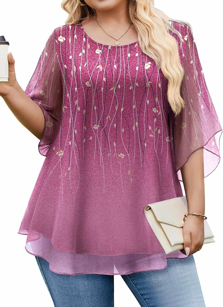 IN'VOLAND Plus Size 3/4 Sleeve Women Blouses Dressy Casual Double Layers Mesh Blouses Loose Fit F... | Amazon (US)