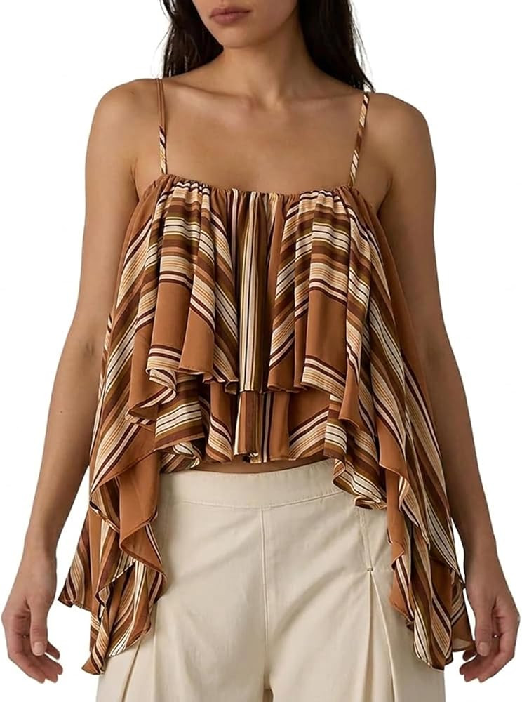 Women Boho Striped Ruffled Cami Top Layered Spaghetti Strap Babydoll Tank Sleeveless Printed Cami... | Amazon (US)