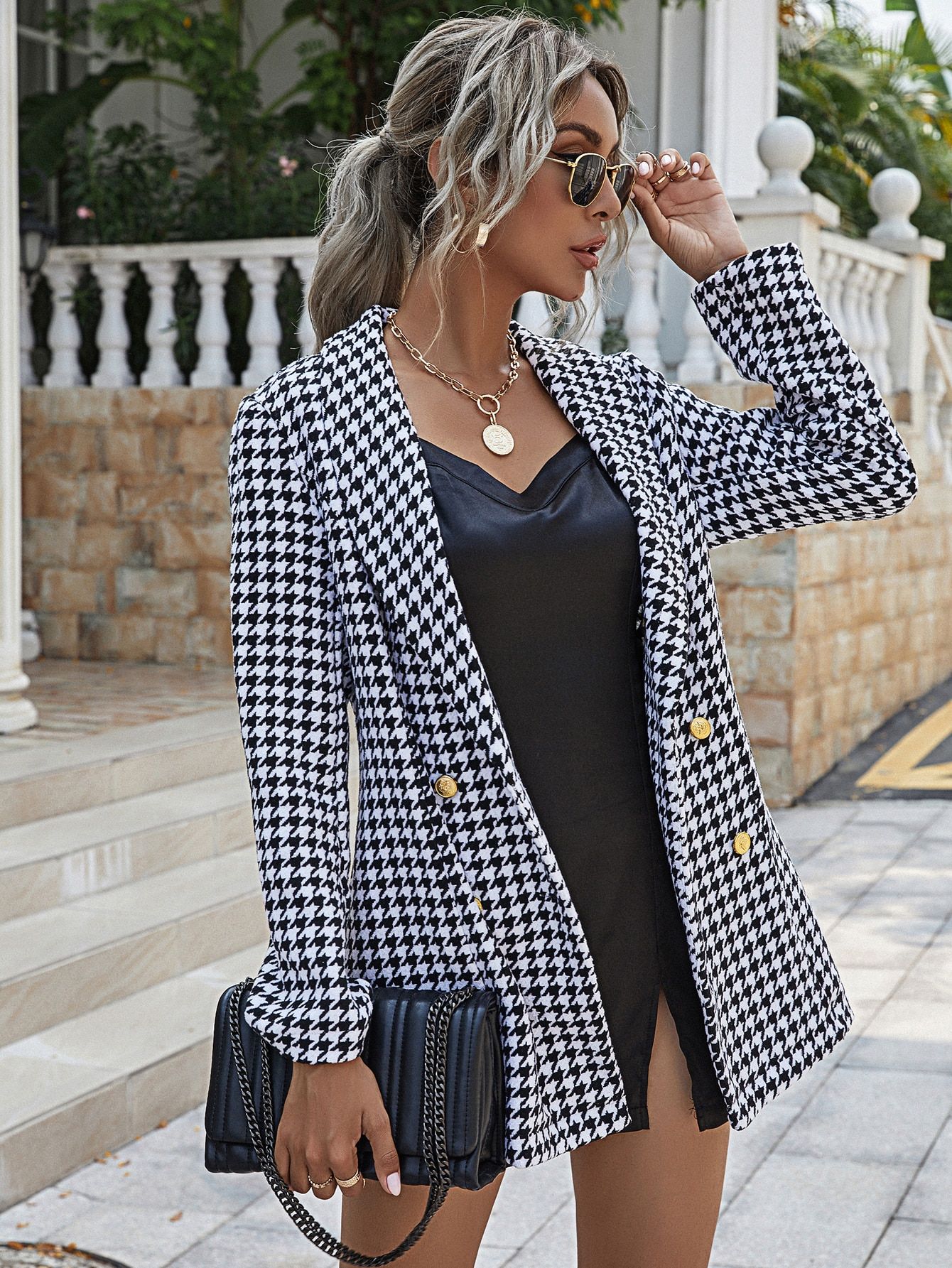 Houndstooth Shawl Collar Double Breasted Blazer | SHEIN