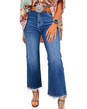 Astylish Womens High Waisted Jeans Stretchy Flared Straight Leg Loose Trendy Raw Hem Denim Pants | Amazon (US)
