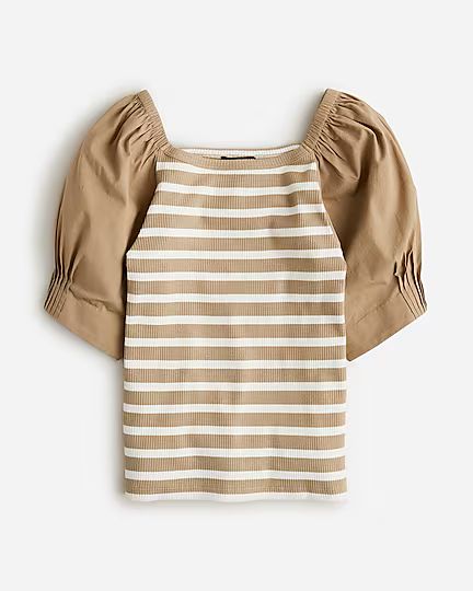 Vintage rib top with cotton poplin puff sleeves in stripe | J. Crew US