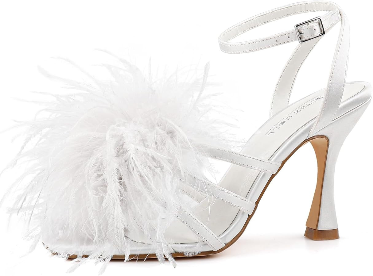 BCTEX COLL Women's Heeled Sandals Fluffy Feather Square Open Toe Ankle Strap Sexy Stiletto High H... | Amazon (US)