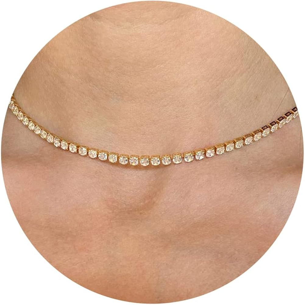 Tewiky Tennis Necklace 14K Gold Plated/Silver Sparking Rhinestone Choker Necklaces Dainty Crystal... | Amazon (US)