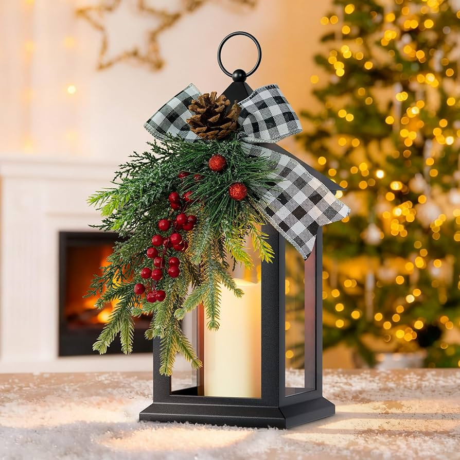 Christmas Decorative Lantern Indoor, Black Lantern with Timer, 14" Vintage Lanterns Waterproof wi... | Amazon (US)