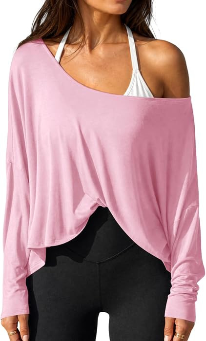 Fisoew Womens Off the Shoulder Tops Oversized Long Sleeve Workout T Shirts | Amazon (US)