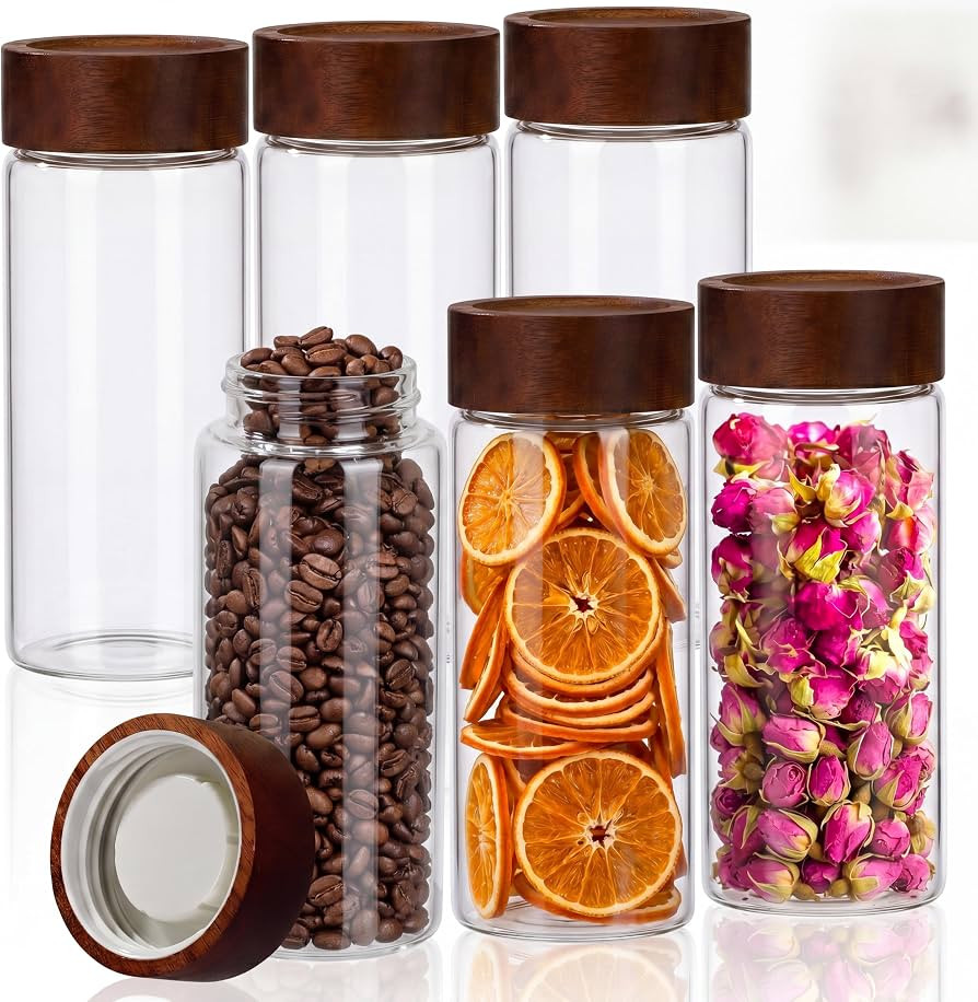 6 Pack Glass Storage Containers with Wooden Lids 13.5 oz Glass Storage Jars Pantry Organization C... | Amazon (US)