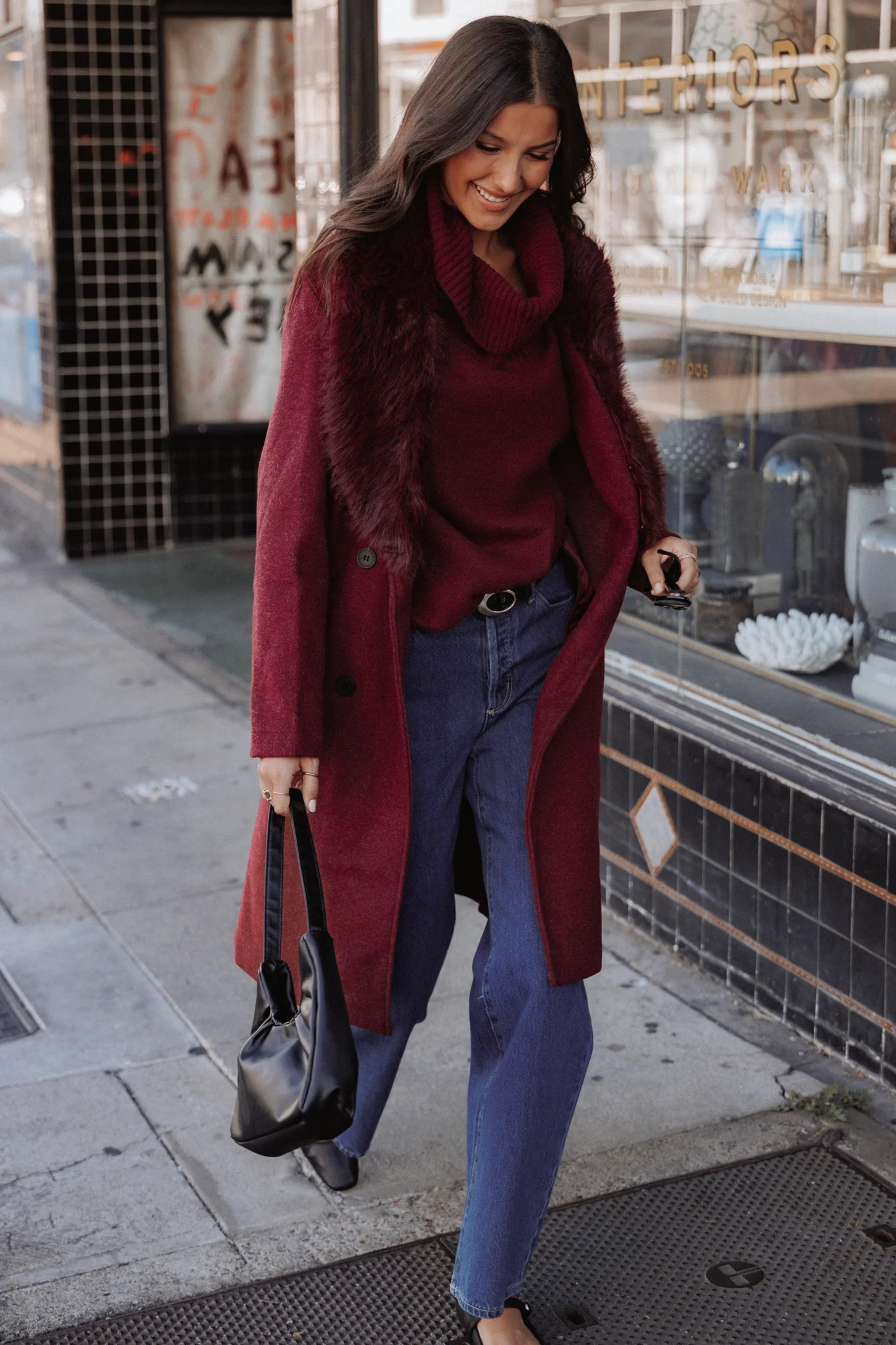 Nina Fur Collar Tie Waist Coat - Burgundy | Petal & Pup (US)