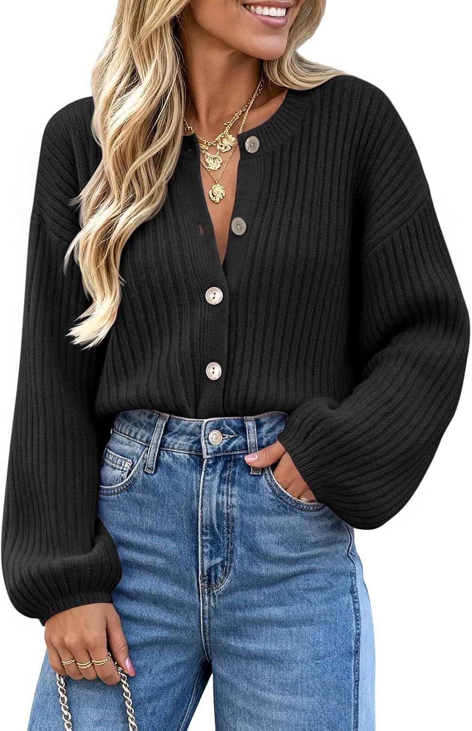 Saodimallsu Womens Button Down Cardigan Lantern Sleeve Fall Casual Sweaters | Amazon (US)
