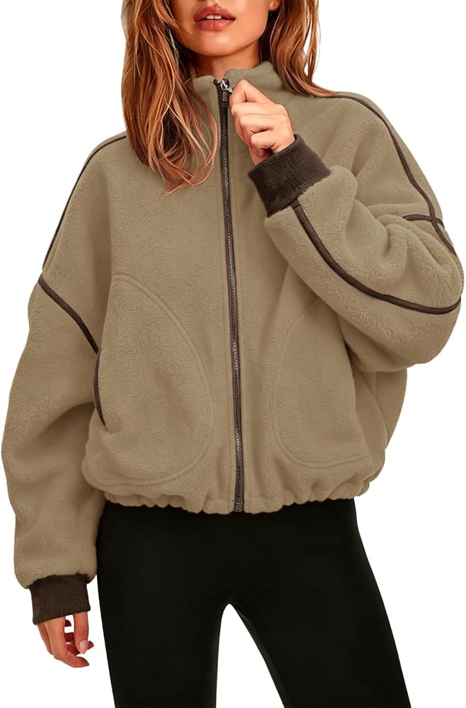 QINSEN Women Fleece Jacket Cropped Full-Zip Up Sherpa Jackets Warm Stand Collar Outerwear with Po... | Amazon (US)