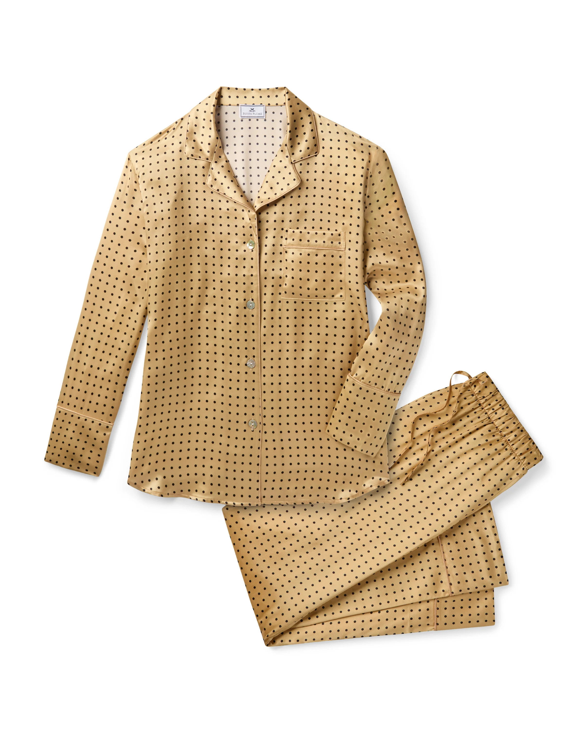 Women's Silk Pajama Set in Gold with Black Polka Dots | Petite Plume