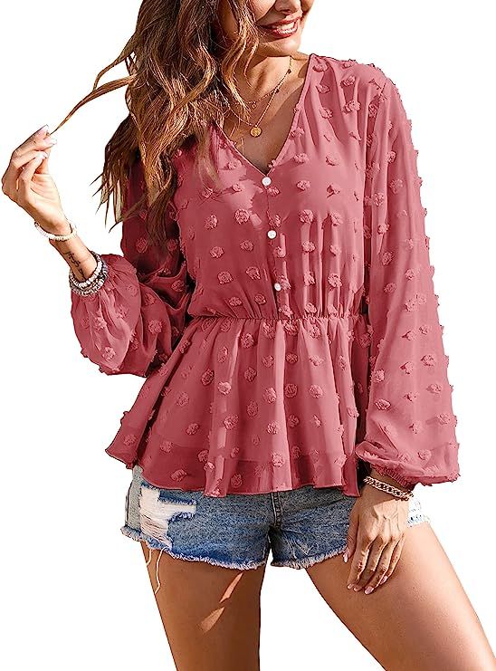 KIRUNDO Women’s Swiss Dots Tops Long Sleeves Shirts V-Neck Elastic Waist Sheer Ruffle Peplum Bl... | Amazon (US)