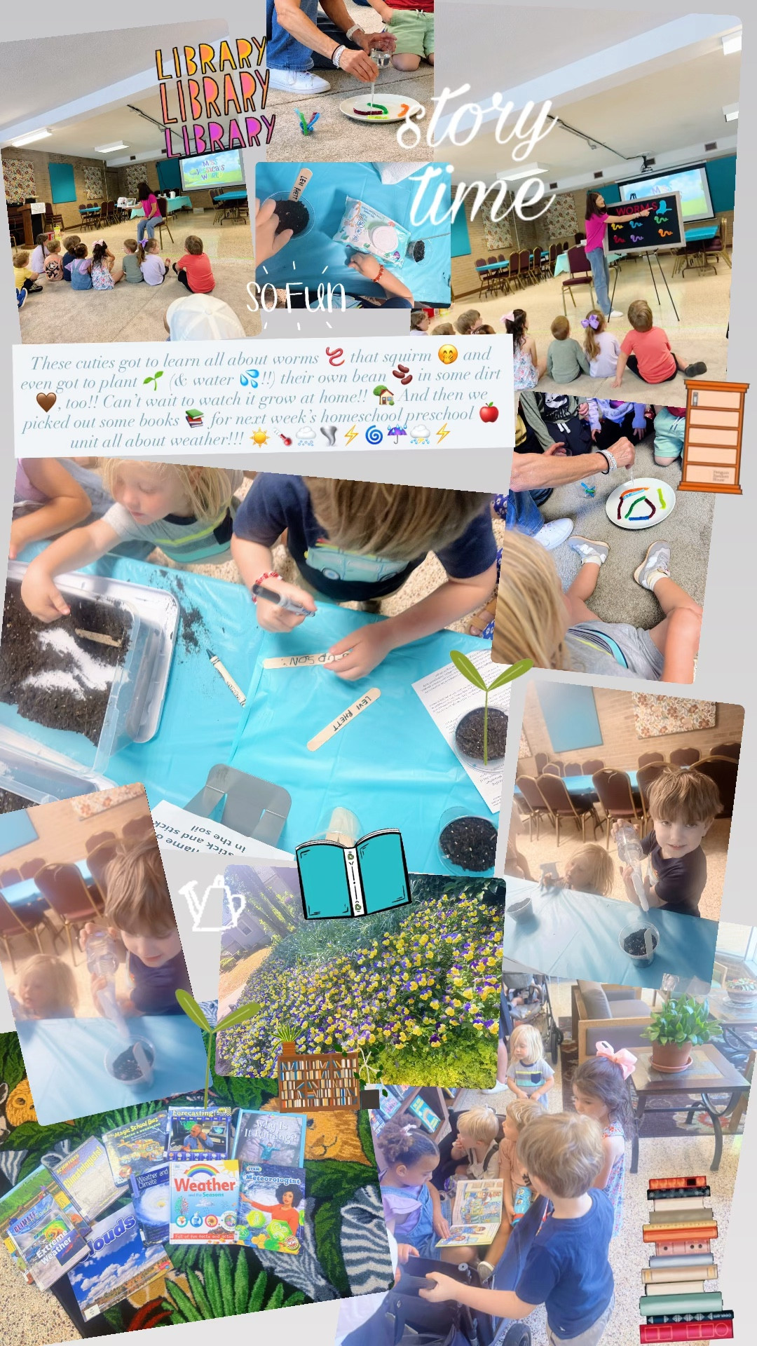 These cuties got to learn all about worms 🪱 that squirm 🤭 and even got to plant 🌱 (& water 💦!!) their own bean 🫘 in some dirt 🤎, too!! Can’t wait to watch it grow at home!! 🏡 And then we picked out some books 📚 for next week’s homeschool preschool 🍎 unit all about weather!!! ☀️🌡️🌨️🌪️⚡️🌀☔️⛈️⚡️