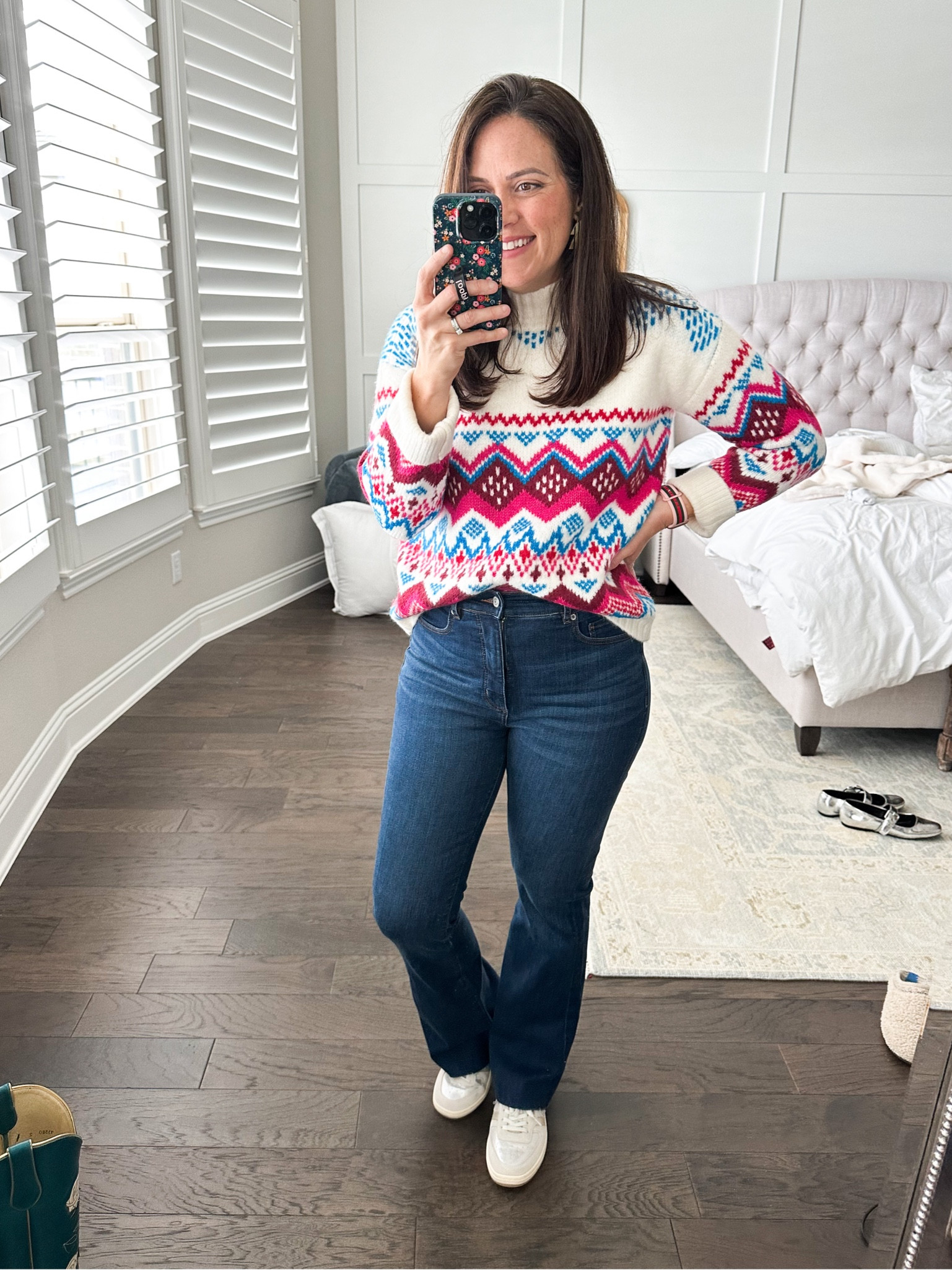 Loft look
50% off
Code: Cyber
Slim flare denim - dark wash, no distressing - size 4 tts 
Sweater - small tts 
Metallic sneakers - fashion sneakers and so comfy for all day walking - tts 

#LTKshoecrush #LTKSeasonal #LTKHoliday