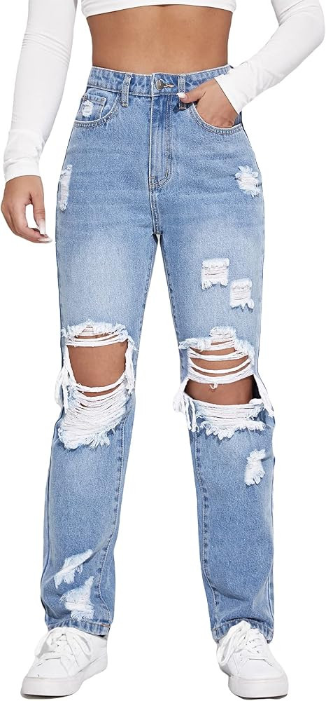WDIRARA Women's High Waisted Ripped Straight Leg Jeans Cut Out Button Denim Pants | Amazon (US)