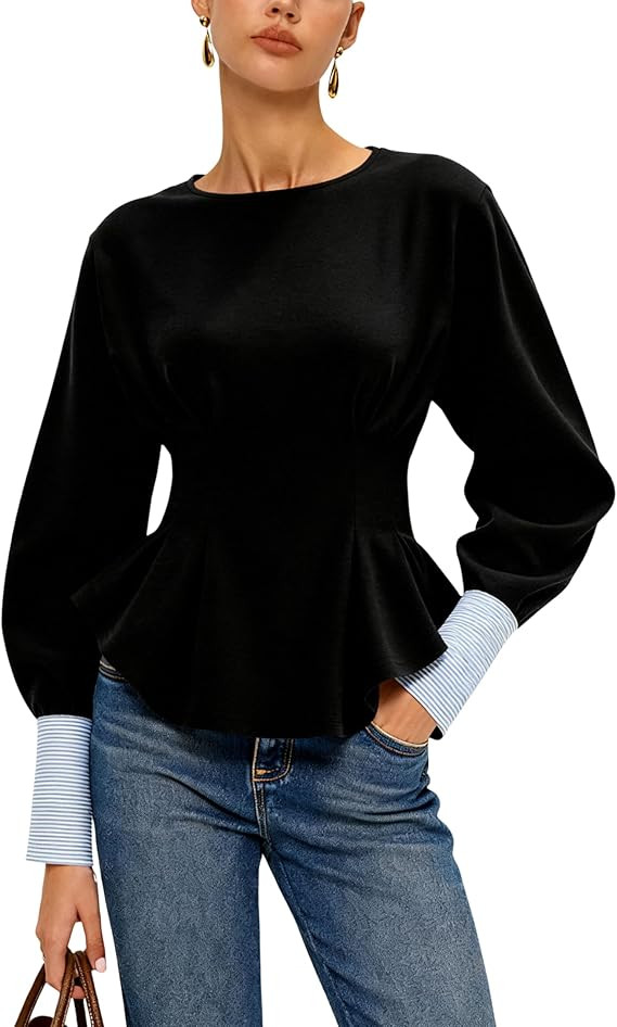 Yidarer Women's Long Sleeve Peplum Sweatshirt Round Neck Striped Cuffs Casual Shirt Top Fall Outf... | Amazon (US)
