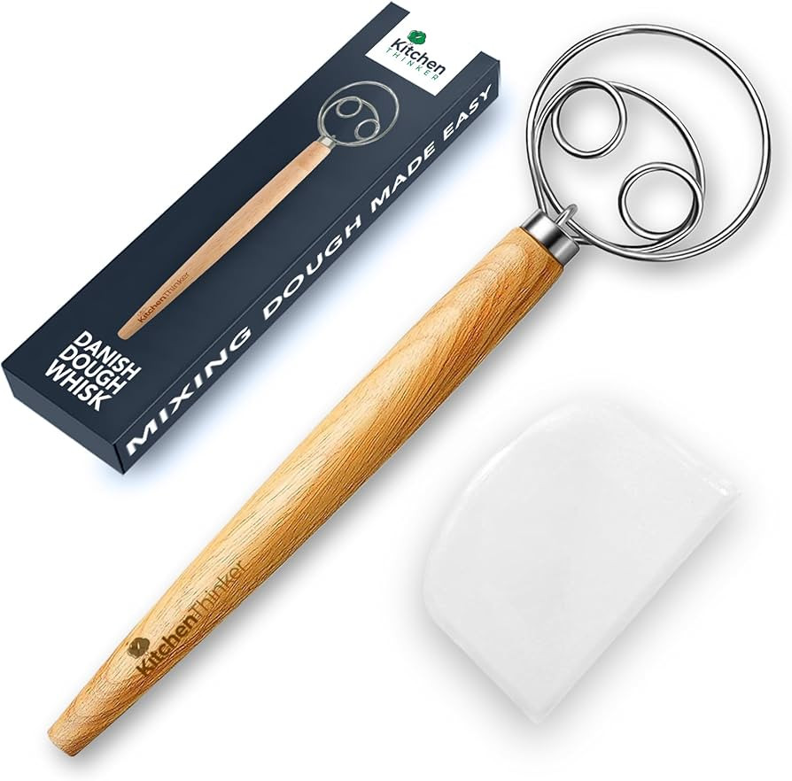 13 Inch Danish Dough Whisk with Dough Scraper, Wooden Bread Whisk with Stainless Steel Dough Hook... | Amazon (US)