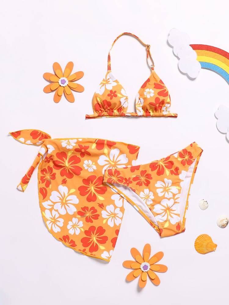 3pack Girls Floral Print Halter Bikini Swimsuit & Beach Skirt | SHEIN