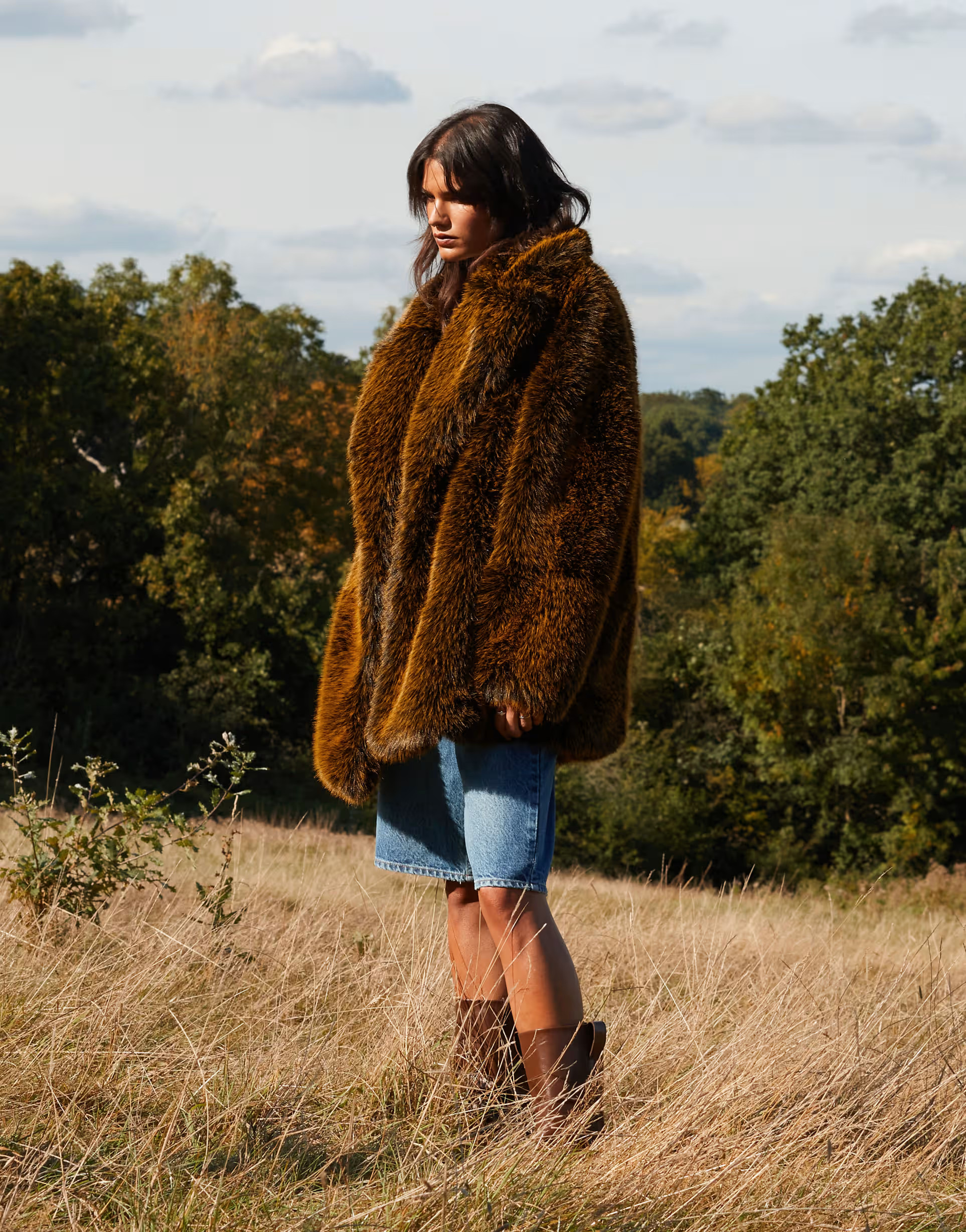 Topshop mid length faux fur paneled coat in black and yellow | ASOS (Global)