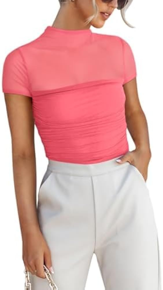 REORIA Sexy Bodysuits for Women Classic Mock Turtle Neck Short Sleeve Slim Fit Shirts Sheer Mesh Ruched Trendy Going Out Tops Cute Office Bodysuits Peach Pink- Medium | Amazon (US)
