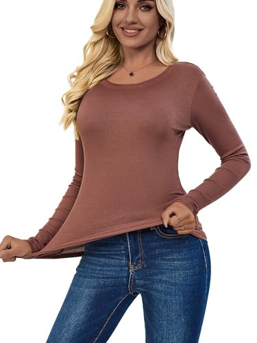 ASAIR Brown Long Sleeve T Shirt Women for Women Ribbed Fall Basic Trendy Stretchy Lightweight(Brown Medium) | Amazon (US)