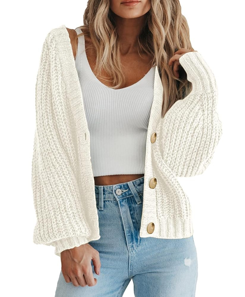 PRETTYGARDEN Women's Chunky Knit Open Front Sweater Long Sleeve Button Loose Short Cardigan Outer... | Amazon (US)