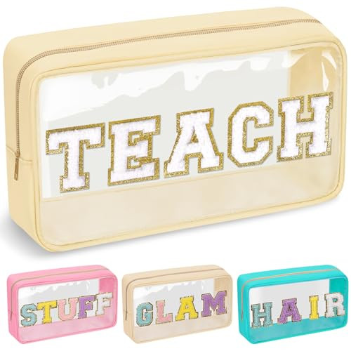 Teacher Appreciation Gifts Chenille Letter Clear Makeup Bag TEACH Pouch, Preppy Patch Makeup Bag with Zipper Graduation Retirement Birthday Cosmetic Bag Teacher Gifts Supplies for Women(TEACH-Beige) | Amazon (US)