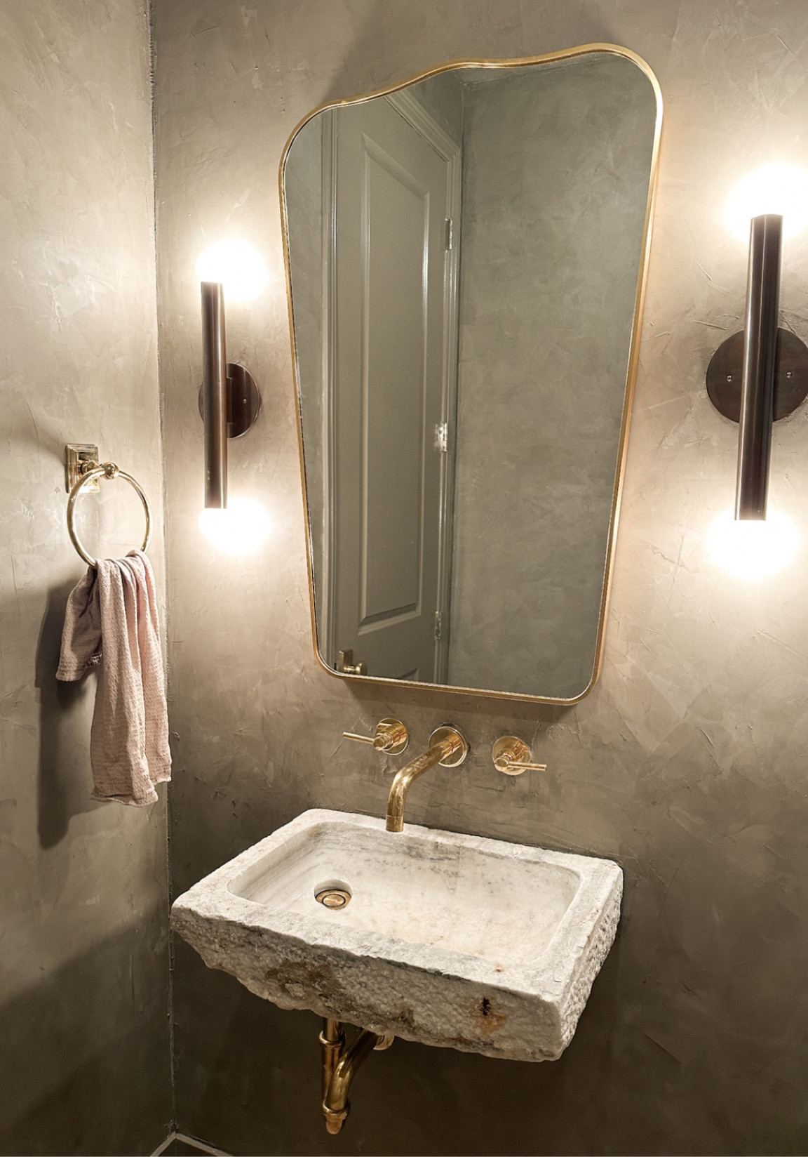 Favorite Bathroom Upgrades. 

Moody bathroom. Sink. Unlacquered brass faucet. Wall mounted faucet. Pop down drain  