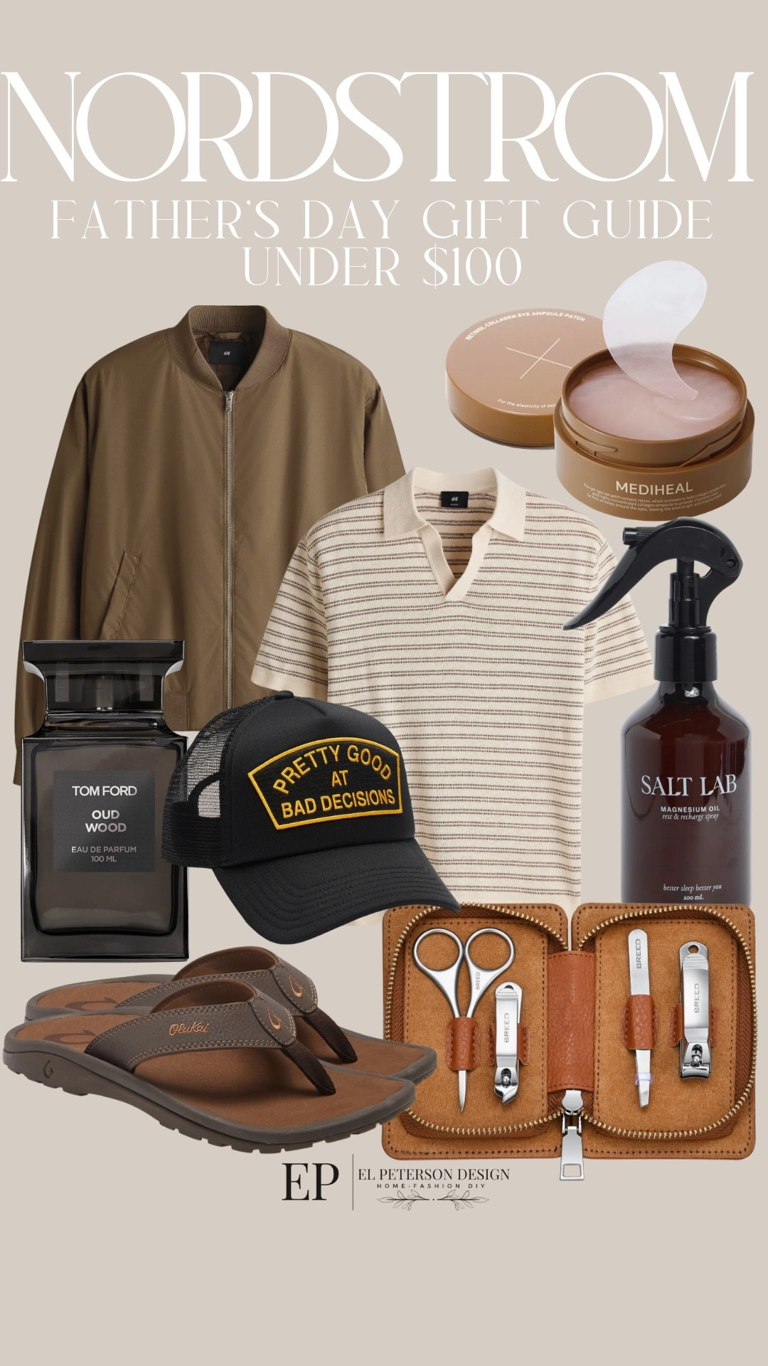 Nordstrom 
Fathers Day Gift Guide Under $100
Jacket
Polo shirt
Cologne
Cap
Sandals