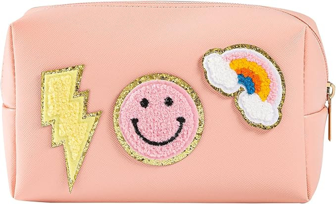 Preppy Patch Makeup Bag Leather Cosmetic Bag Small Makeup Pouch, Portable Waterproof Travel Toile... | Amazon (US)