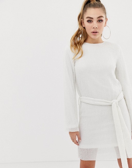 Club L allover sequin shift dress with belt detail in white | ASOS US