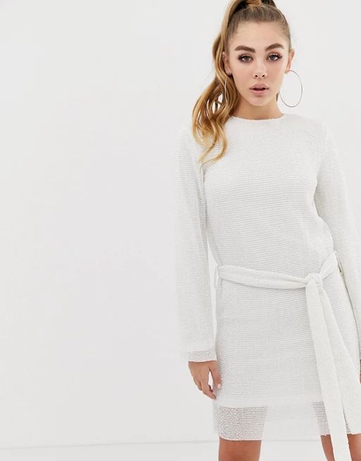 Club L allover sequin shift dress with belt detail in white | ASOS US