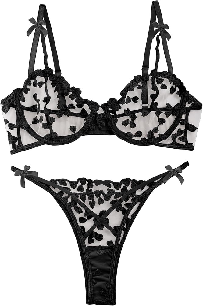Lilosy Sexy Underwire Cute Push Up Strappy Embroidered Mesh Sheer Lingerie Set See Through Panty ... | Amazon (US)