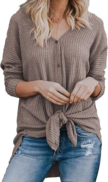 MIHOLL Womens Loose Blouse Short Sleeve V Neck Button Down T Shirts Tie Front Knot Casual Tops | Amazon (US)