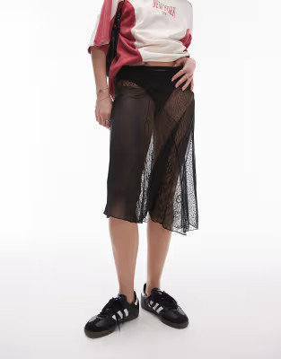 Topshop sheer dobby mesh panelled 90s length skirt in black | ASOS (Global)
