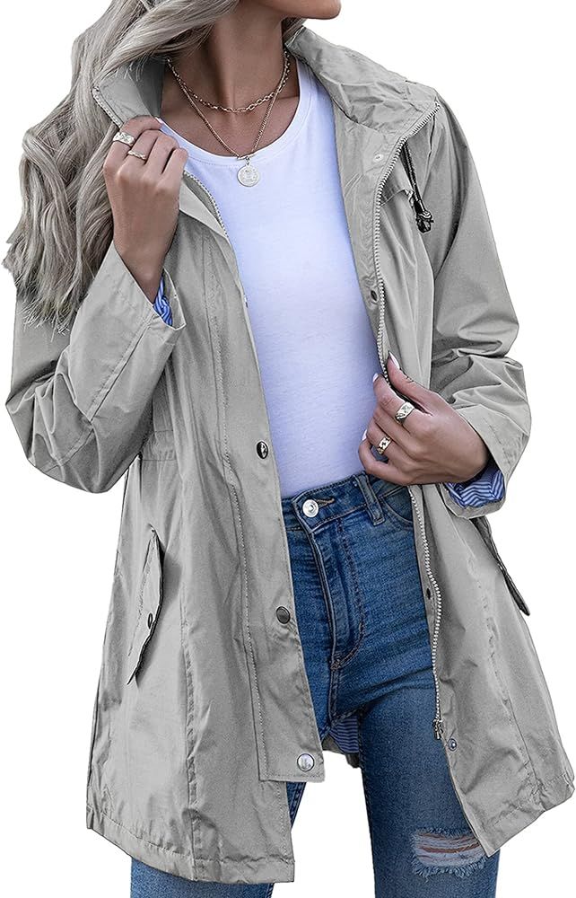 Rain Jacket Women Striped Lined Hooded Lightweight Raincoat Outdoor Waterproof Windbreaker | Amazon (US)