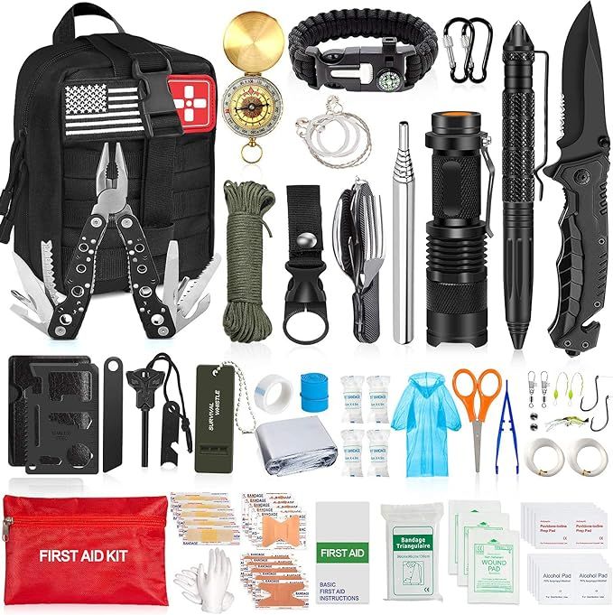 Aokiwo 200Pcs Emergency Survival Kit and First Aid Kit Professional Survival Gear SOS Emergency T... | Amazon (US)