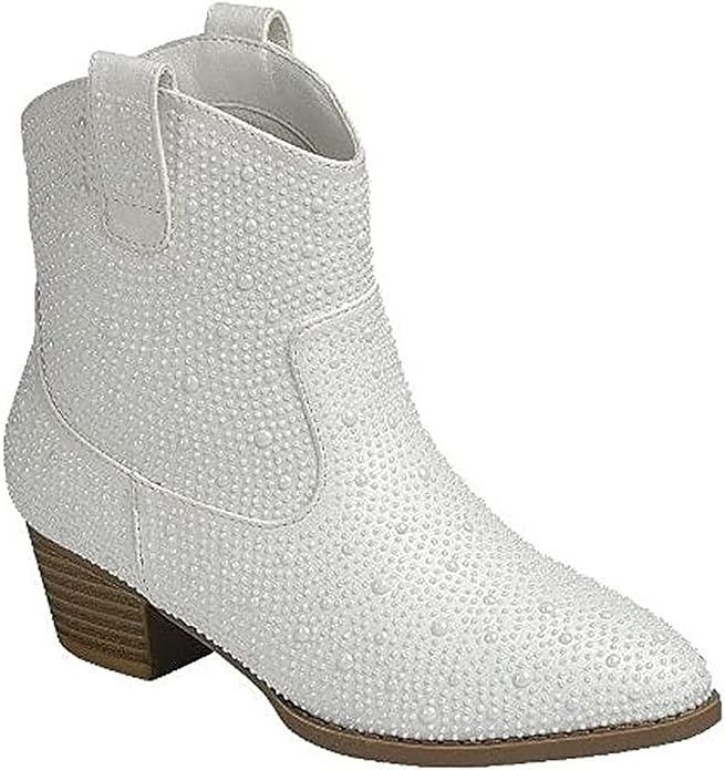 Forever Girls Rhinestone Cowboy Boots Kids Low Heel Dress Booties | Amazon (US)