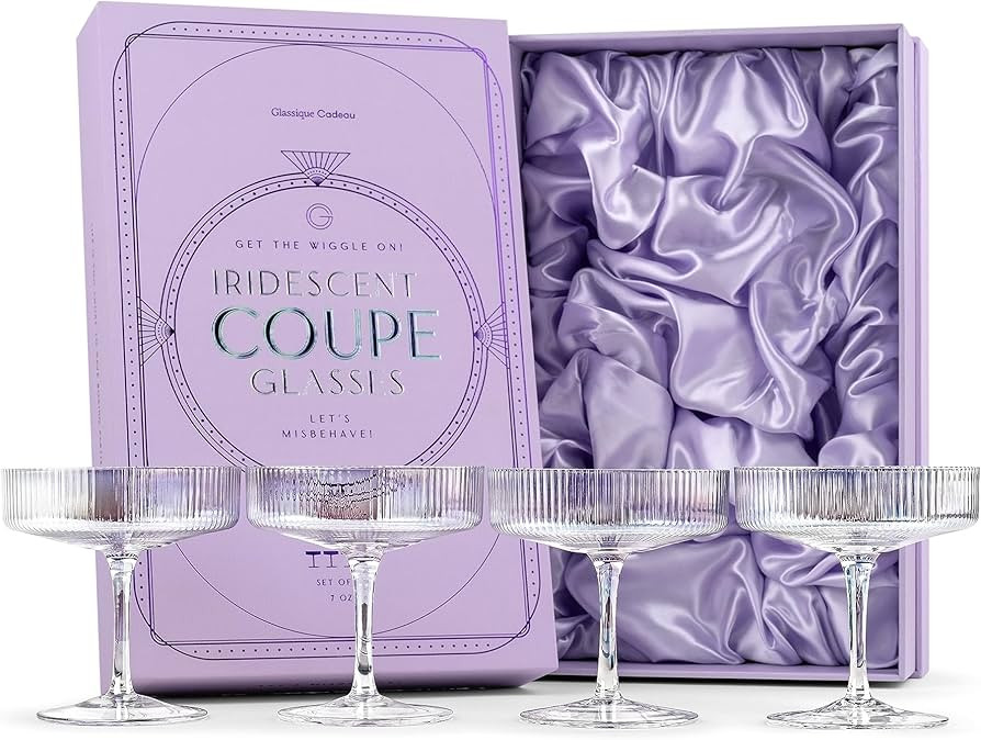 GLASSIQUE CADEAU Vintage Art Deco Iridescent Coupe Glasses | Set of 4 | 7 oz Rainbow Colored Cock... | Amazon (US)